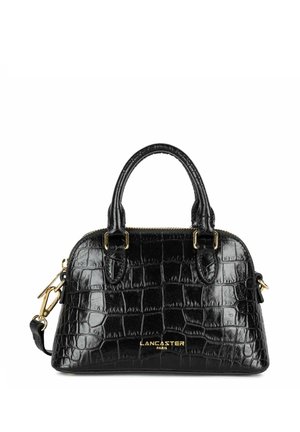 Crocodile-embossed black handbag with gold-tone hardware; rounded top handles and detachable shoulder strap; zip closure.