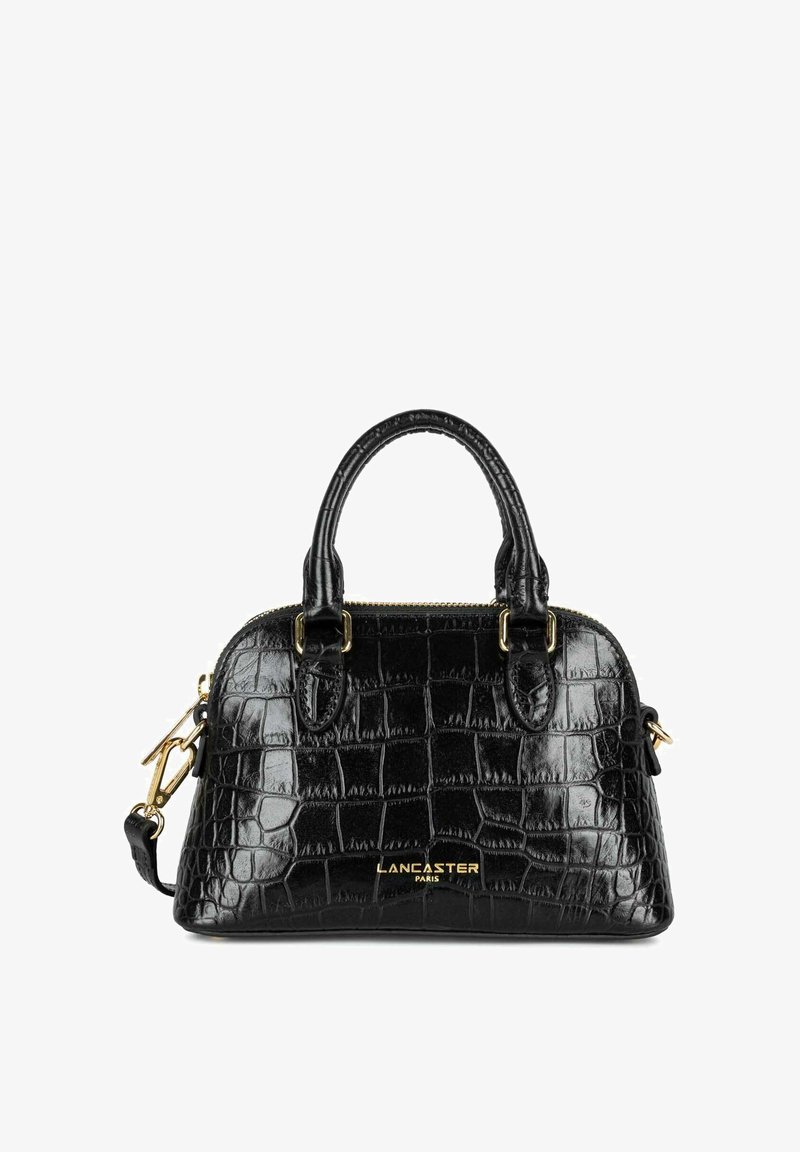 Borsa nera con stampa coccodrillo e hardware dorato; manici superiore arrotondati e tracolla rimovibile; chiusura con zip.