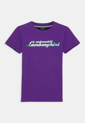 Purple short-sleeve T-shirt with green and white "automobili Lamborghini" logo across the chest, round neckline, and striped detail inside collar.