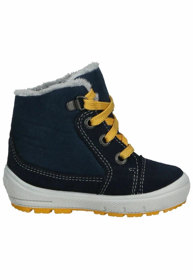 Dunkelblaue Wildleder-Hochstiefel mit gelben Schnürsenkeln, grauem Fellfutter am Kragen, weißer Gummisohle und gelber Traktionssohle.