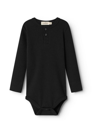 Svart langermet bodysuit laget av ribbet stoff, med rund halslinning, tre knappelukkinger og trykknapper nederst.