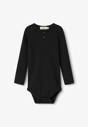 Fekete, hosszú ujjú body, bordás anyagból, kerek nyakkivágással, három gombbal záródik, és patenttal rögzíthető az alján.