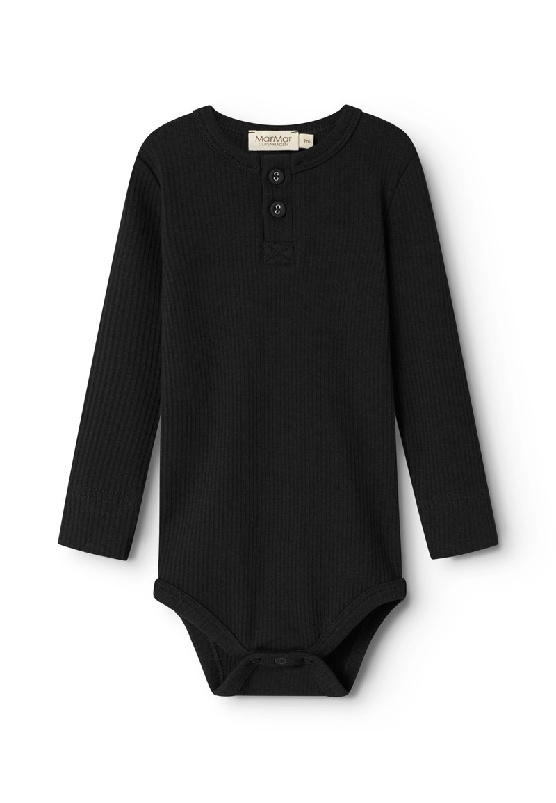 Μαύρο bodysuit με μακριά μανίκια κατασκευασμένο από ριγωτό ύφασμα, με στρογγυλή λαιμόκοψη, τρεις κουμπί και κουμπώματα στο κάτω μέρος.