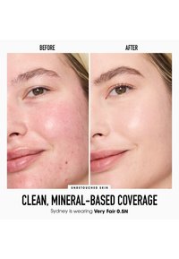 Retratos de antes y después que muestran una cobertura limpia a base de minerales sobre piel sin retoques. La imagen de la izquierda presenta enrojecimiento y manchas; la de la derecha muestra un tono de piel uniforme.