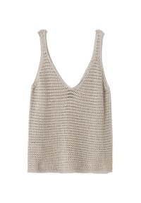 Top senza maniche in cotone crochet beige chiaro con scollatura a V profonda, spalline larghe e una texture a trama aperta, caratterizzato da un orlo dritto.