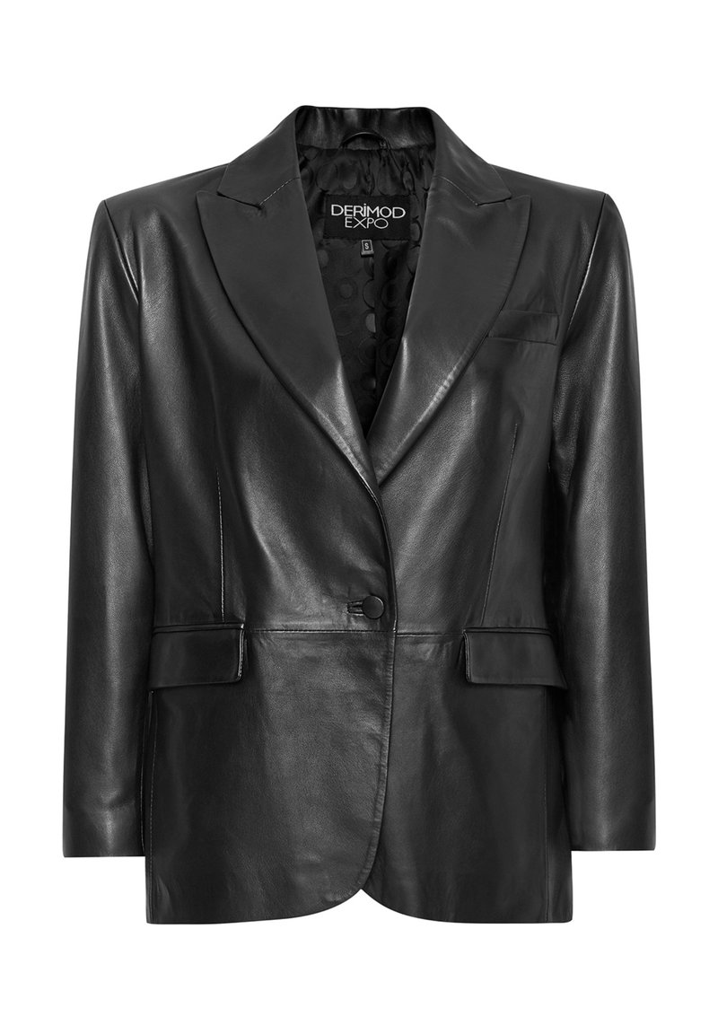 Zwarte leren blazer met een gesneden revers, enkele knoopsluiting, twee voorzakken en een gestructureerde voering. Ontworpen met een getailleerde pasvorm.