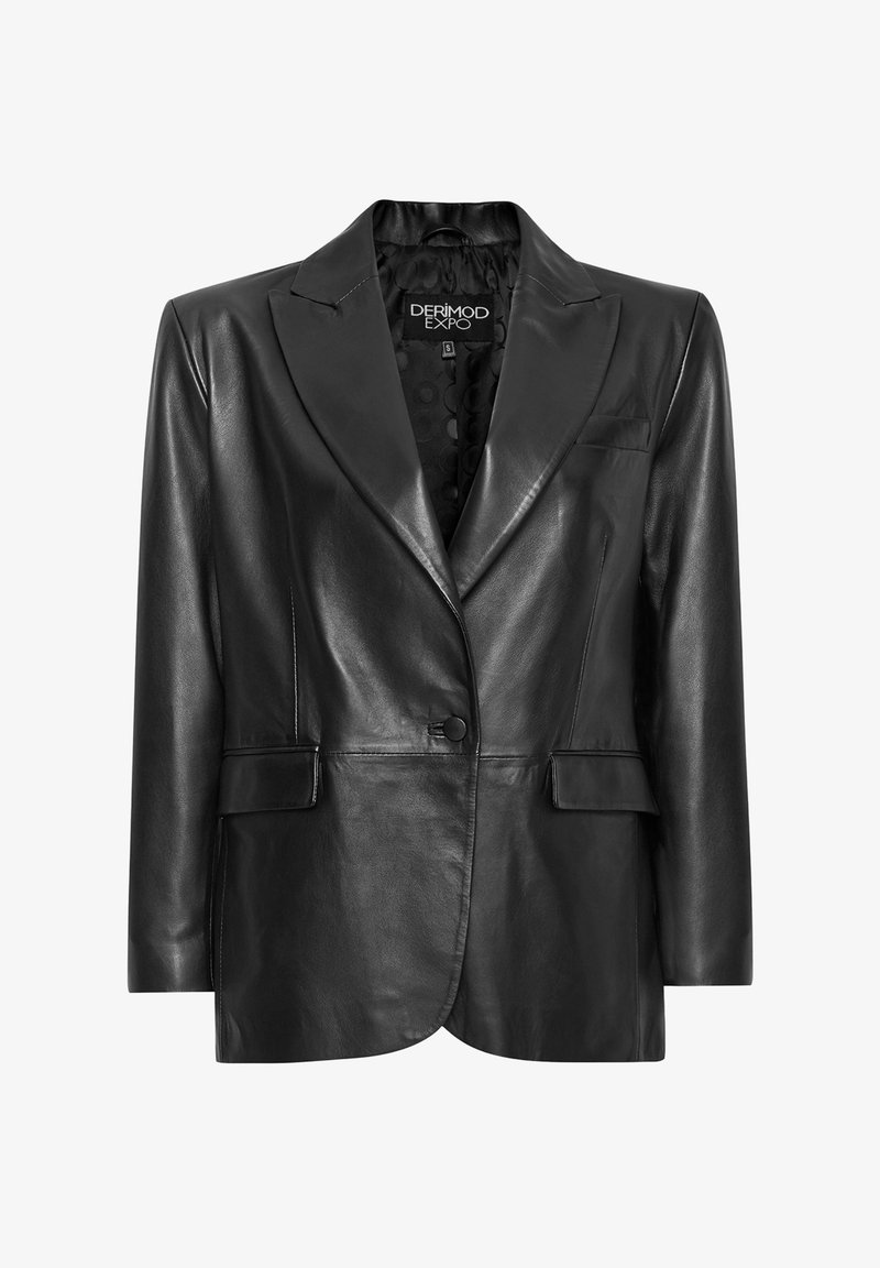 Zwarte leren blazer met een gesneden revers, enkele knoopsluiting, twee voorzakken en een gestructureerde voering. Ontworpen met een getailleerde pasvorm.