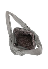 Gray suede handbag with a knotted shoulder strap. Interior features a polka dot pattern in pink tones and a zippered pocket.