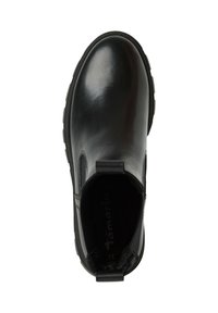 Schwarze Lederknöchelstiefel mit abgerundeter Zehenpartie, elastischen Seiteneinsätzen und einer Zuglasche an der Rückseite. Strukturiertes Sole für besseren Grip.