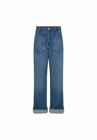 Blugi din denim de culoare albastru deschis, cu talie înaltă și picioare largi. Prezintă o închidere cu nasture, tivuri răsucite și o decolorare subtilă pe față.