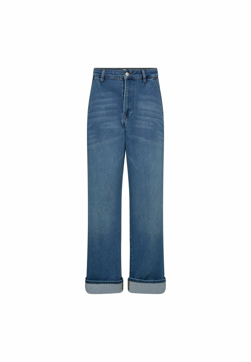 Blugi din denim de culoare albastru deschis, cu talie înaltă și picioare largi. Prezintă o închidere cu nasture, tivuri răsucite și o decolorare subtilă pe față.