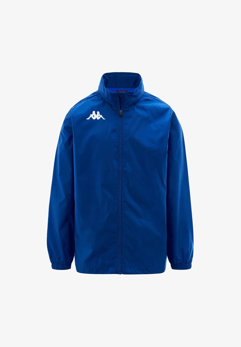 Modrá ľahká bunda vyrobená z hladkej tkaniny. Má zips vpredu, vysoký golier a elastické manžety. Biele logo na hornej ľavej strane hrude.