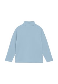 Haut à manches longues bleu clair avec un col montant. Doté d'une texture côtelée et de manches raglan, offrant une coupe décontractée. Aucune quincaillerie ou embellissement visible.