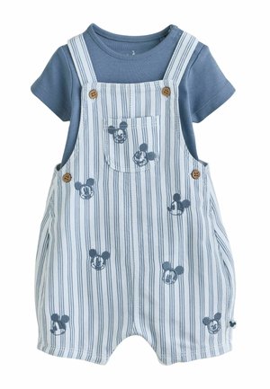 Blaues Kurzarmhemd mit weiß gestreiften Latzhosen, die mehrere kleine blaue Mickey-Maus-Gesichter und braune Knöpfe zeigen.