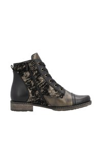 Bottines noires et bronze avec un motif texturé, dotées d'une fermeture éclair sur le côté, d'un avant lacé et d'un petit talon empilé.