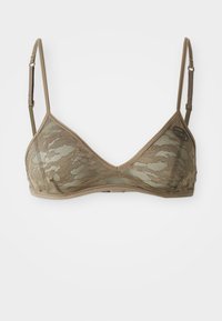 Bra with a triangular shape, made of olive green lace with a mesh overlay. Thin adjustable straps and a soft band at the bottom.