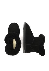 Black suede ankle boots with a fluffy shearling lining and rubber sole, featuring a rounded toe and foldable cuff design.