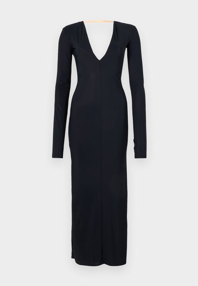 Černé šaty s dlouhým rukávem a hlubokým výstřihem do V, s přiléhavým střihem, bočním rozparkem a knoflíkovými detaily na manžetách.