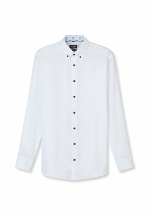 Weißes langärmliges Hemd mit schwarzen Knöpfen und einem Kragen, der ein blaues Muster mit kleinen Tennisschlägern aufweist.