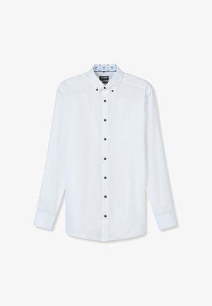 Weißes langärmliges Hemd mit schwarzen Knöpfen und einem Kragen, der ein blaues Muster mit kleinen Tennisschlägern aufweist.