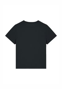 Zwarte kortemouwen t-shirt, ronde hals, gemaakt van zacht materiaal. Glad oppervlak zonder zichtbare patronen of versieringen op de achterkant.