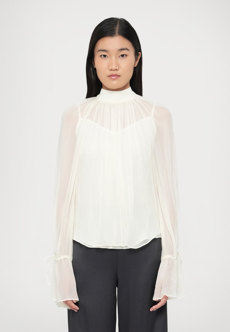 Naine kannab läbipaistvast valgest pikkade varrukatega pluusi, millel on volangidega mansetid ja kõrge kaelus, kombineerituna tumedate sirgete pükstega ning taust on lihtne.