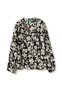 Schwarz blouse mit weißem Blumenmuster, langen Ärmeln mit gerafften Bündchen und einem V-Ausschnitt. Hergestellt aus leichtem Stoff.
