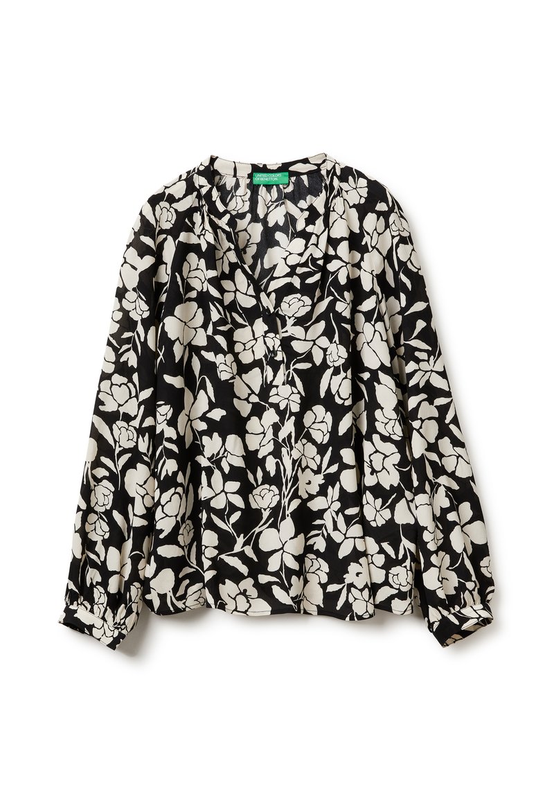 Schwarz blouse mit weißem Blumenmuster, langen Ärmeln mit gerafften Bündchen und einem V-Ausschnitt. Hergestellt aus leichtem Stoff.