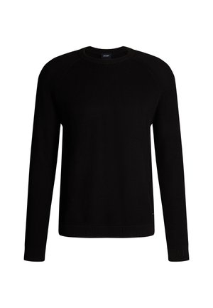 Czarny sweter z okrągłym dekoltem, z fakturowanym splotem, z prążkowanymi mankietami i dołem. Posiada rękawy raglanowe, co zapewnia swobodę ruchów.