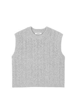 Pull sans manches en tricot gris avec un motif en relief, un col rond et un ourlet côtelé. Texture douce et coupe décontractée.