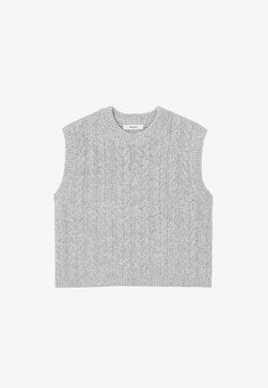 Pull sans manches en tricot gris avec un motif en relief, un col rond et un ourlet côtelé. Texture douce et coupe décontractée.