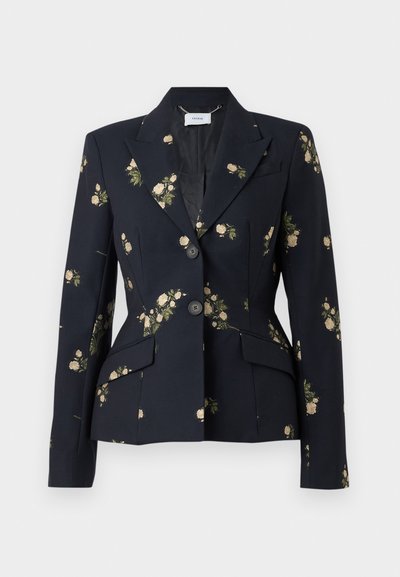 Námořnický květinový blazer vyrobený z tkané látky, s dobře padnoucím střihem, zapínáním na dva knoflíky a jemným růžovým vzorem v béžové a zelené barvě.