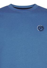 Maglietta blu a maniche corte realizzata in materiale misto cotone, con scollo rotondo e un piccolo logo circolare sul petto.