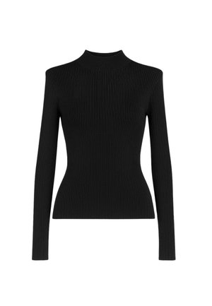 Maglione a maniche lunghe a coste nere con silhouette aderente. Presenta un collo alto e un tessuto testurizzato. Senza hardware o motivi visibili.