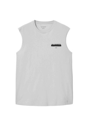 Hellgraues ärmelloses Baumwolloberteil mit Rundhalsausschnitt und kleinem schwarzem "ALLSAINTS LONDON"-Logo auf der oberen linken Brust.