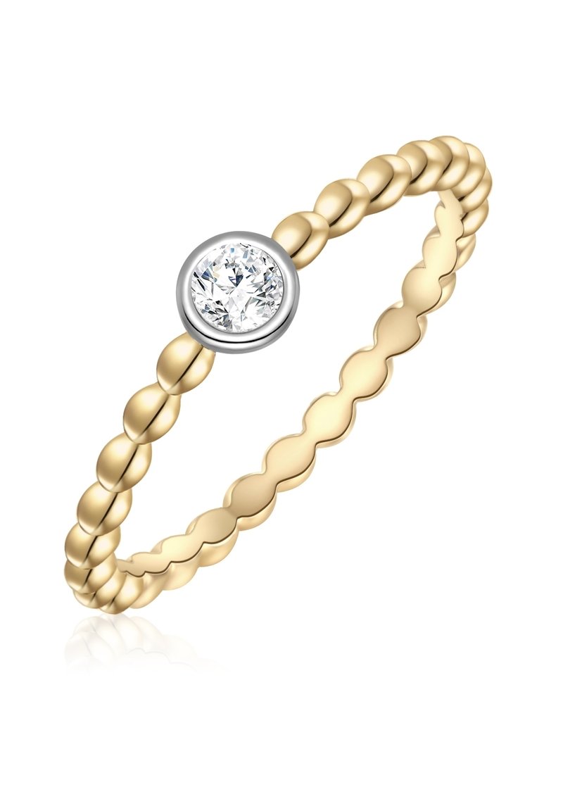 Gold ring featuring a textured band with a circular, bead-like design and a central clear diamond stone set in a silver bezel.
