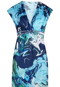 Blaue und grüne marmorierte Kleid mit kurzen Ärmeln, tiefem V-Ausschnitt, elastischem Taillenbund und glatter Stoffoberfläche. Keine sichtbaren Beschläge.