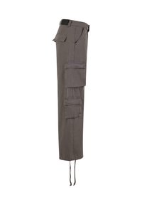 Pantalons cargo gris avec une coupe droite, plusieurs poches latérales, cordons de serrage réglables à l'ourlet et une taille noire. Matière en coton.