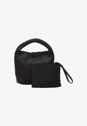 Black woven handbag with a rounded shape and short handle, accompanied by a matching small pouch with a wrist strap.
