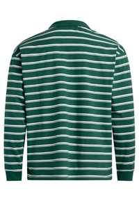 Green long-sleeve polo shirt featuring white horizontal stripes, a classic collar, and ribbed cuffs with a soft cotton texture.