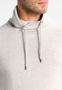 Felpa con cappuccio grigio chiaro, collo a imbuto, coulisse regolabili e una consistenza morbida. Presenta maniche raglan e dettagli di cuciture minimali.