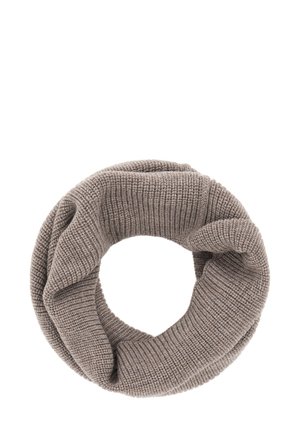 Bufanda infinity de punto en un suave color topo. Presenta un patrón texturizado con canalé y un estiramiento elástico para mayor comodidad y calor.
