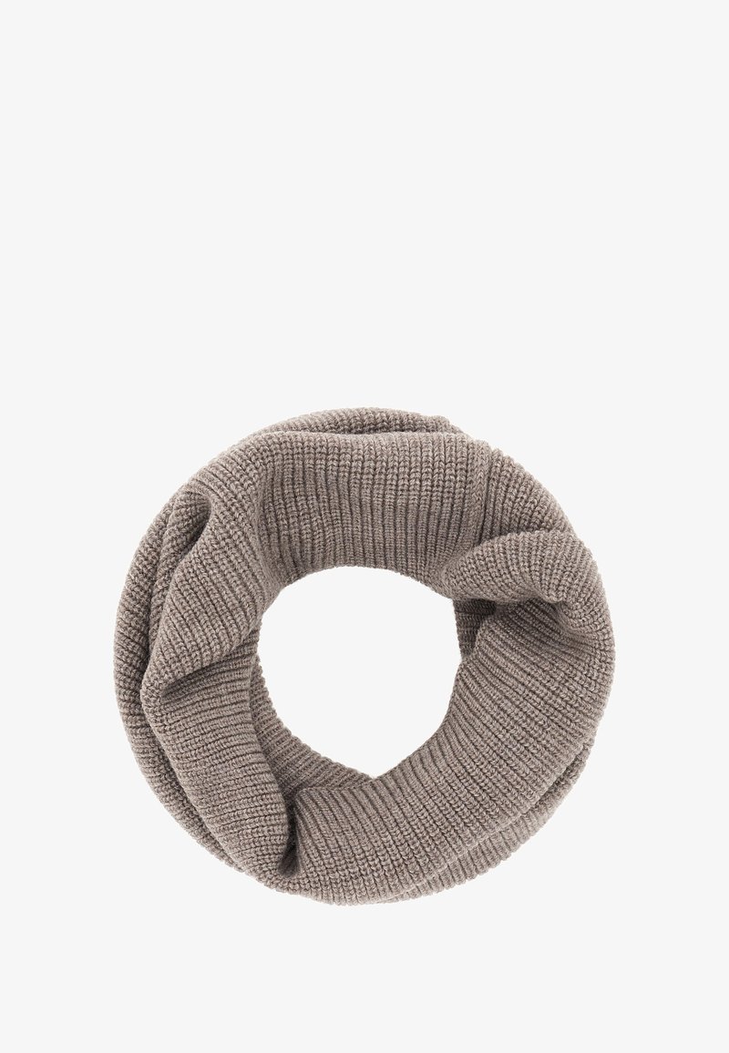 Pleteni neskončni šal v mehki taupe barvi. Ima strukturo s teksturo in rebrasti vzorec ter elastično raztegljivost za udobje in toploto.
