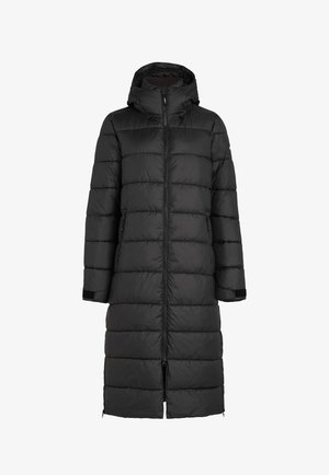 Zwarte pufferjas met een capuchon, voorzien van een gewatteerd ontwerp, een rits aan de voorkant en zijzakken. Lange lengte die tot halverwege het kuit komt.