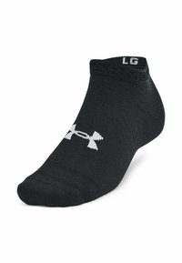 Schwarze Sportsocke aus strukturiertem Stoff, mit einem tiefen Schnitt und einem weißen Logo an der Seite. Verstärkte Zehen- und Fersenpartien.