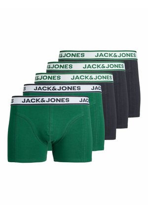 Fem par tettsittende herreboxers i grønt og svart, hver med en hvit midje med merkenavnet "JACK & JONES."