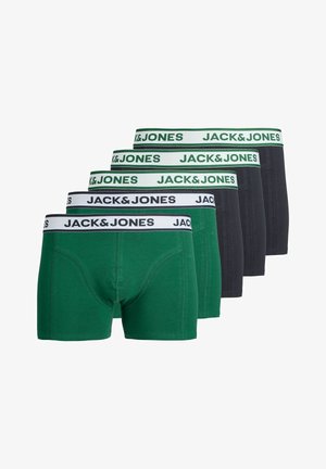 Fem par tettsittende herreboxers i grønt og svart, hver med en hvit midje med merkenavnet "JACK & JONES."