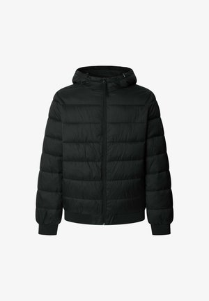 Mustmust vest, millede ja kapuutsiga, iseloomustab vooderdatud disain, esine tõmblukk ja elastsed mansetid. Sujuv tekstuur ja kerge materjal.