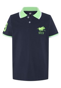 Marinefarbener Poloshirt mit grünem Kragen und Akzenten. Verfügt über drei Knöpfe, Logo und die Nummer 8 in neon-grüner Stickerei. Baumwollmaterial.
