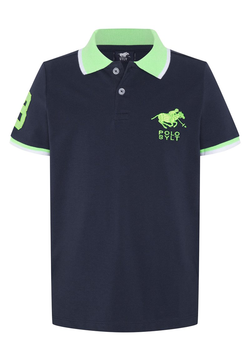 Marinefarbener Poloshirt mit grünem Kragen und Akzenten. Verfügt über drei Knöpfe, Logo und die Nummer 8 in neon-grüner Stickerei. Baumwollmaterial.